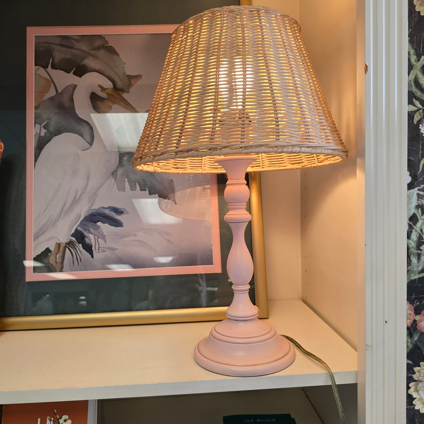 Vintage Pink Lamp with Wicker Shade