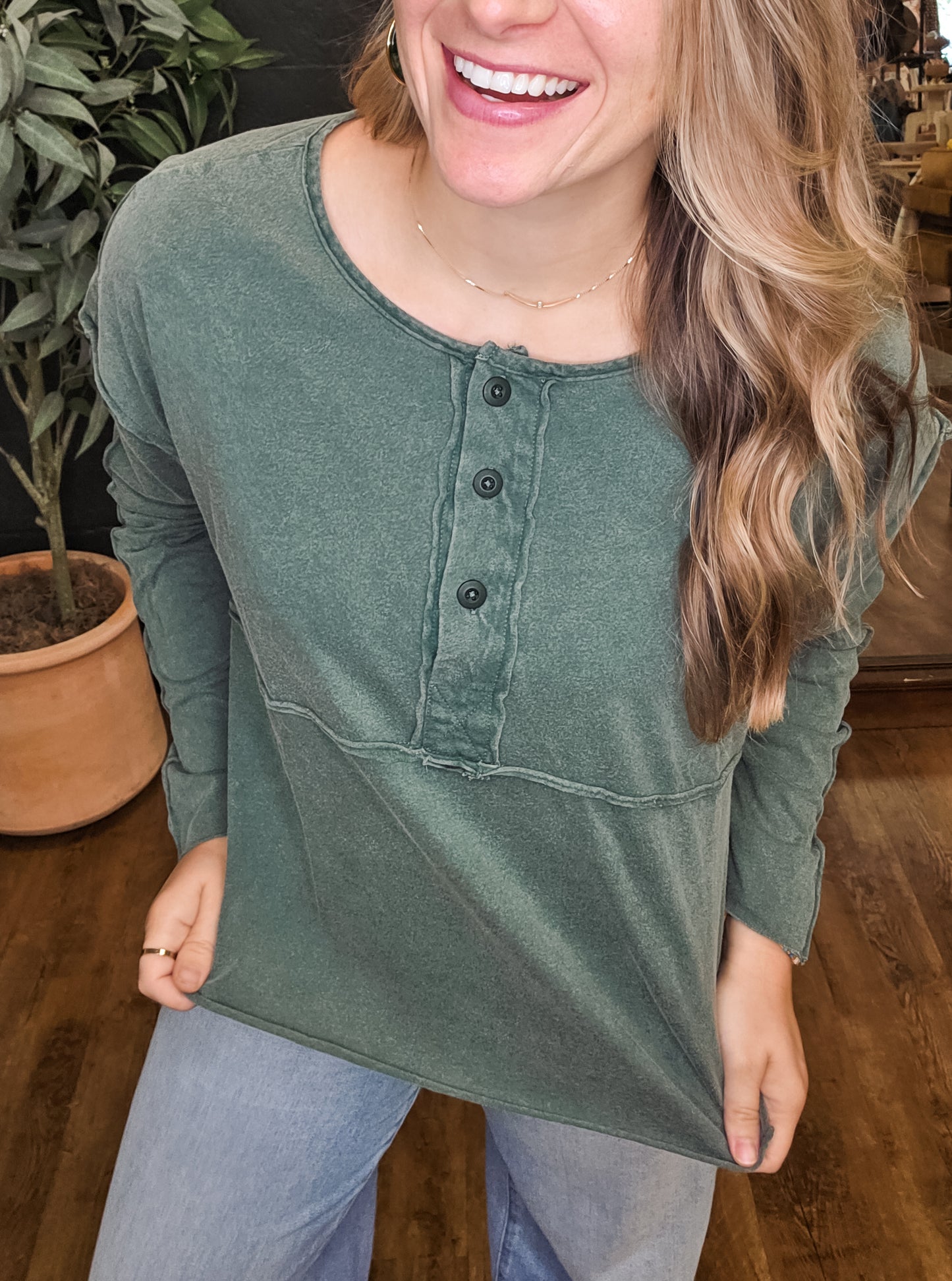 Over the Hill Oversized Henley with Raw Edge Available in Multi Colors (Small to Large)