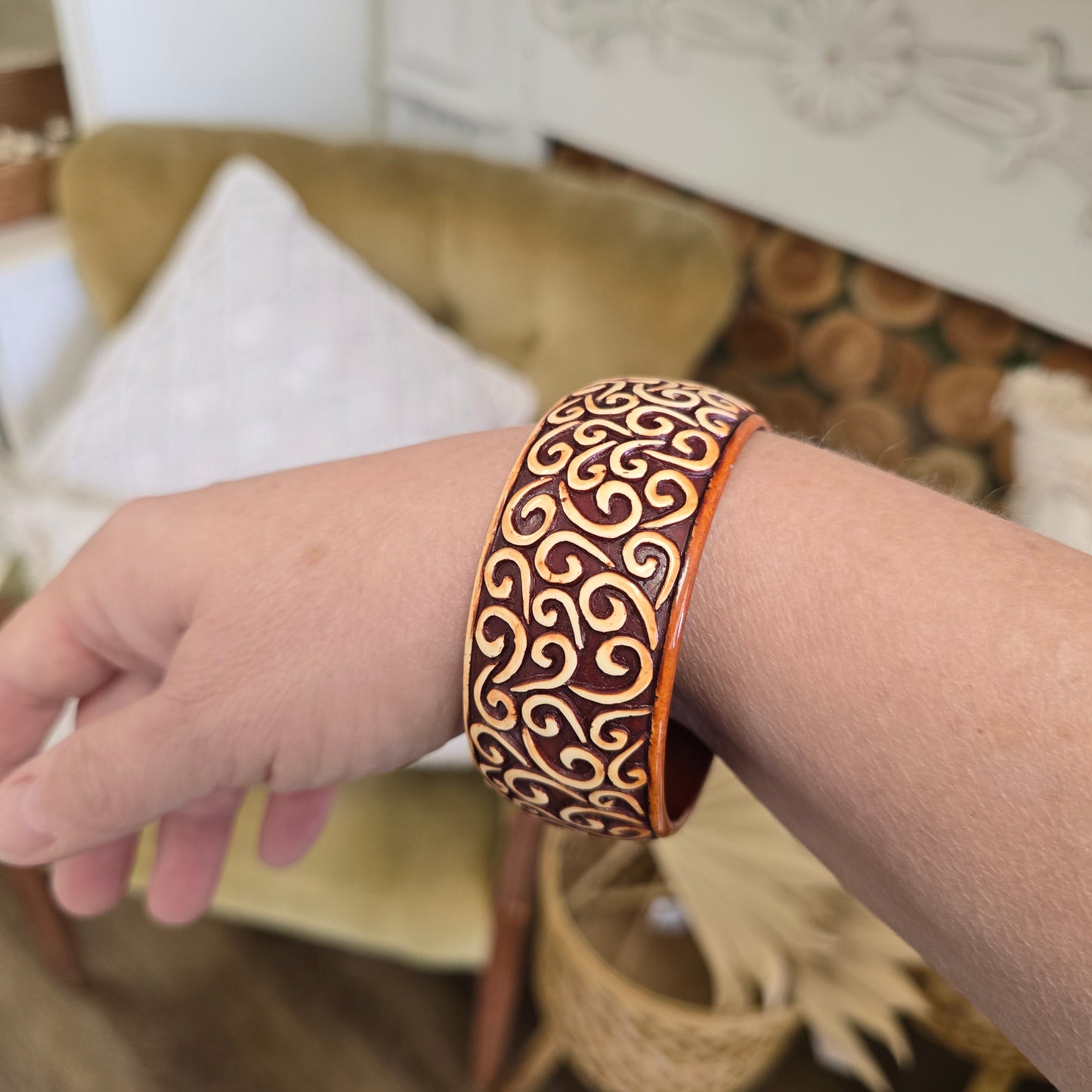 Vintage Faux Wood Bangle with Carved Design