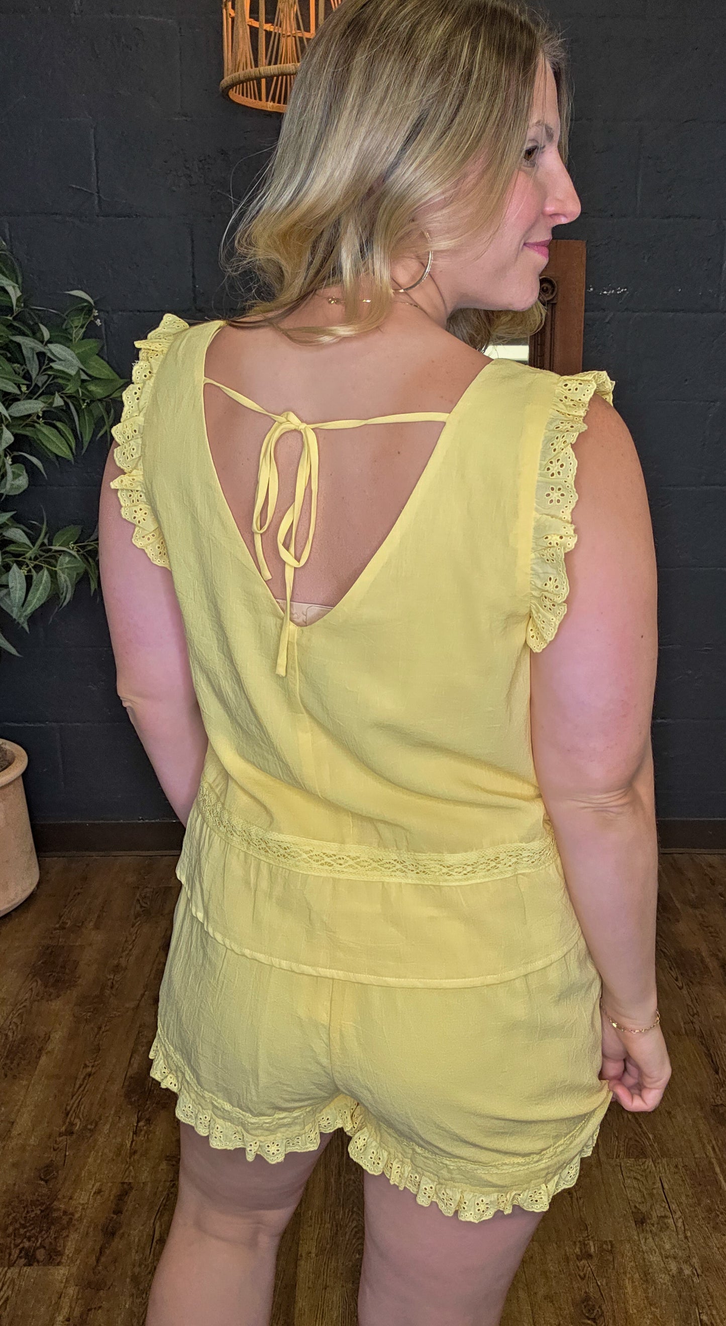 Lemonade Eyelet Ruffle Trim Tank