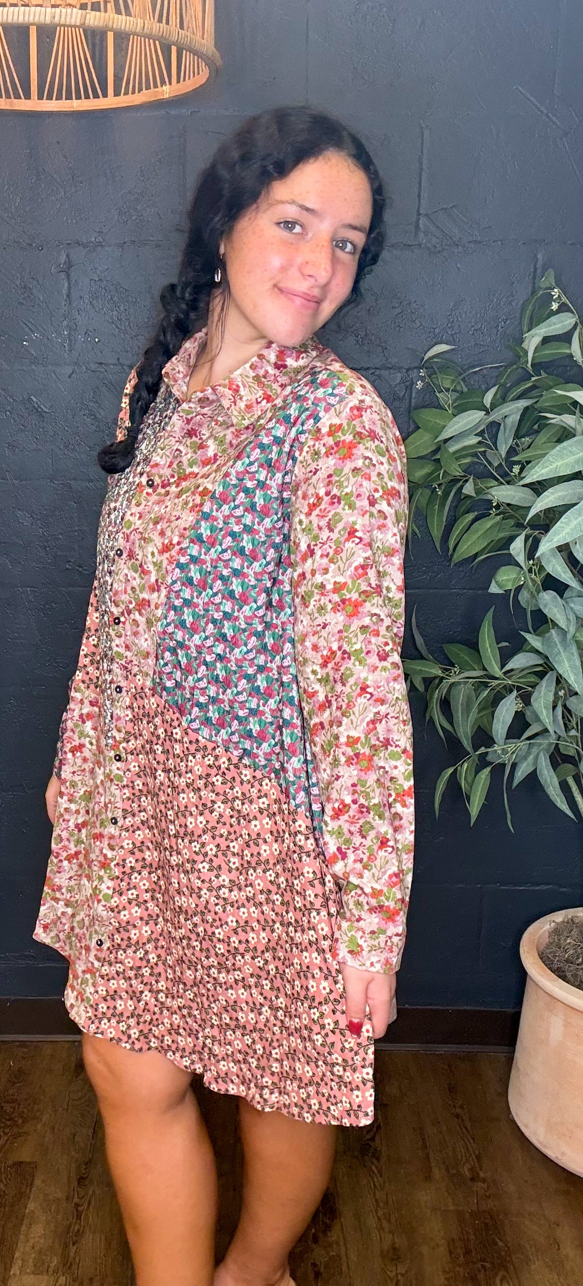Caroline Corduroy Floral Patchwork Panel Mini Shirt Dress (Small to XL)