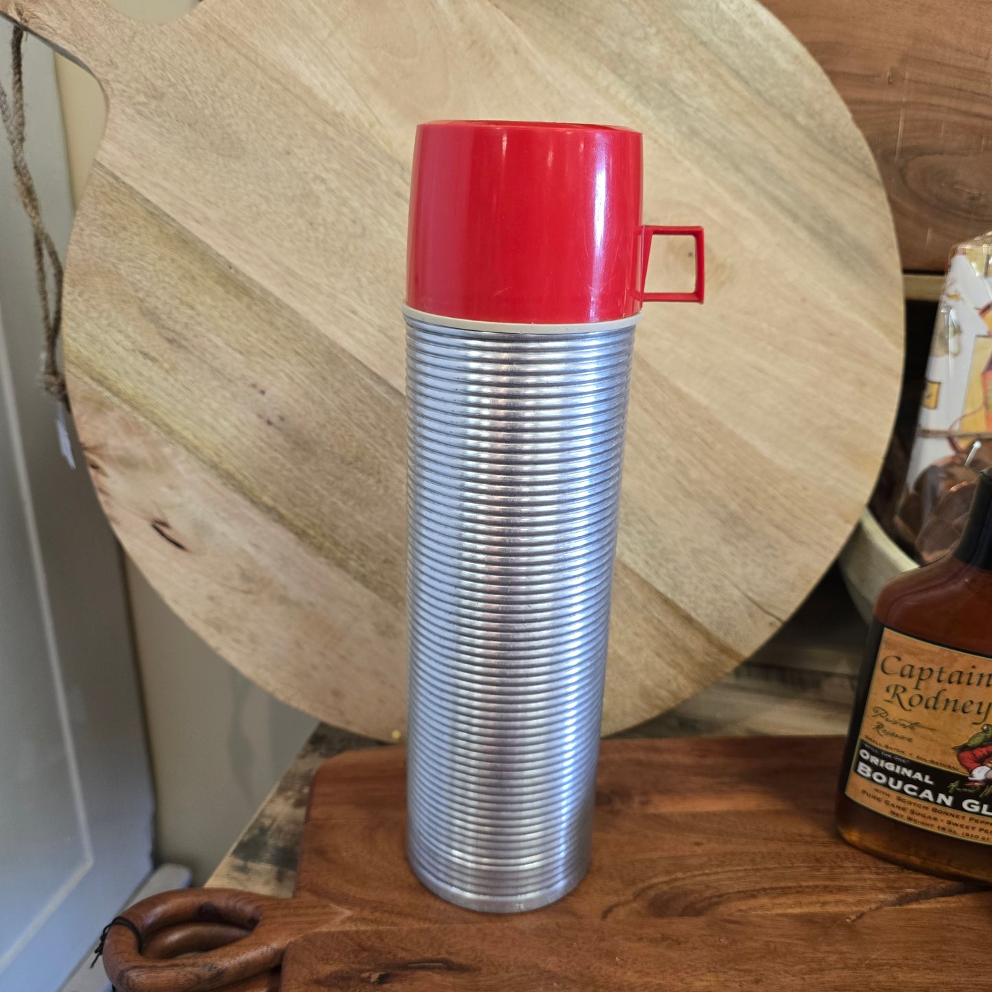 Tall Vintage Thermos with Red Cap
