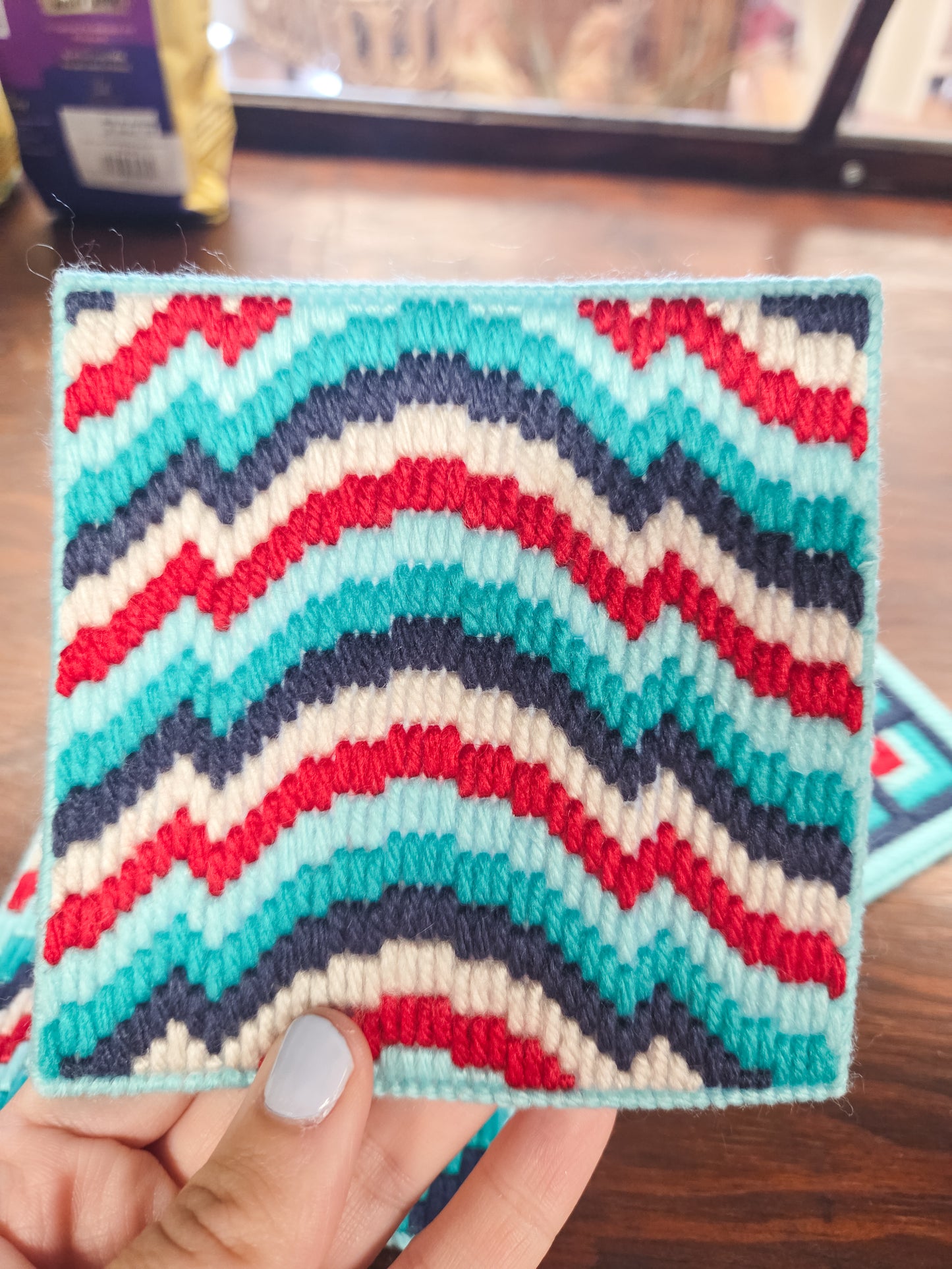 Handmade Bargello Coaster Set of 4 (Blue/Red)