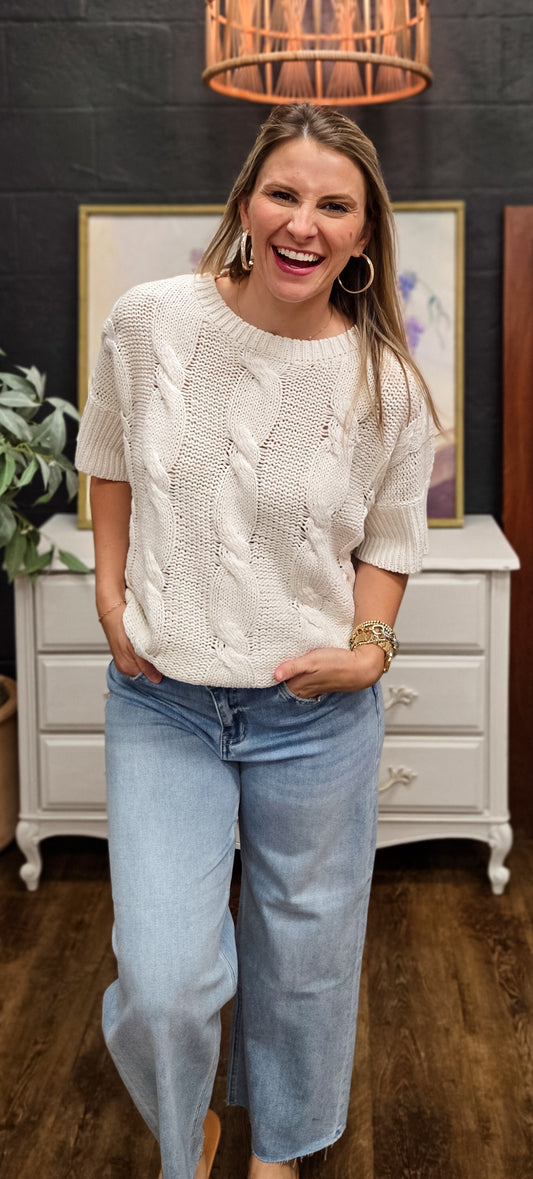 Cali Cable Knit Short Sleeve Sweater (Small to XL)