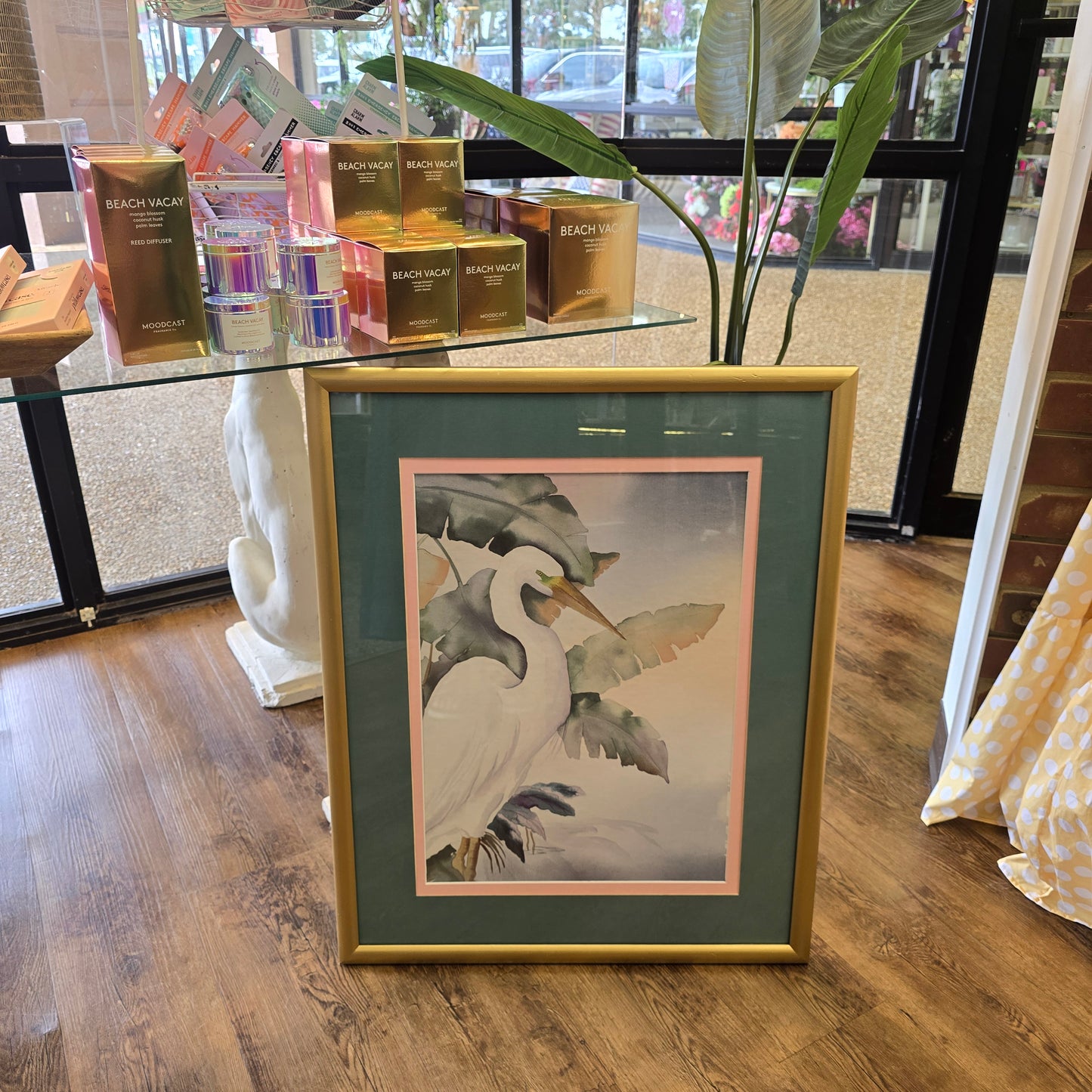Vintage Print of an Egret and Tropical Foliage