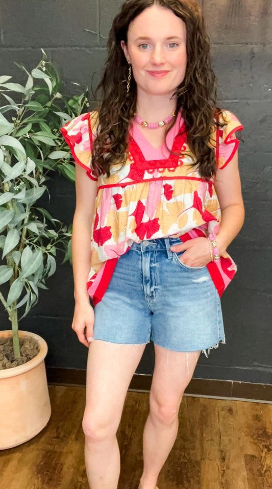 Flutter Sleeves Ginkgo Print Babydoll Top