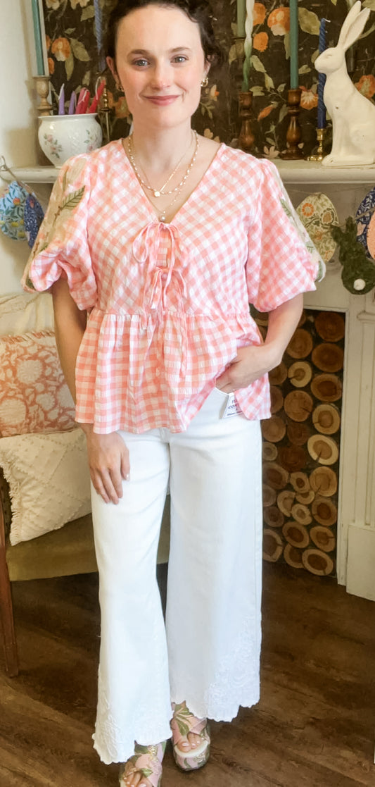Spring Embroidery Bouquets Coral Gingham Blouse (Small to Large)