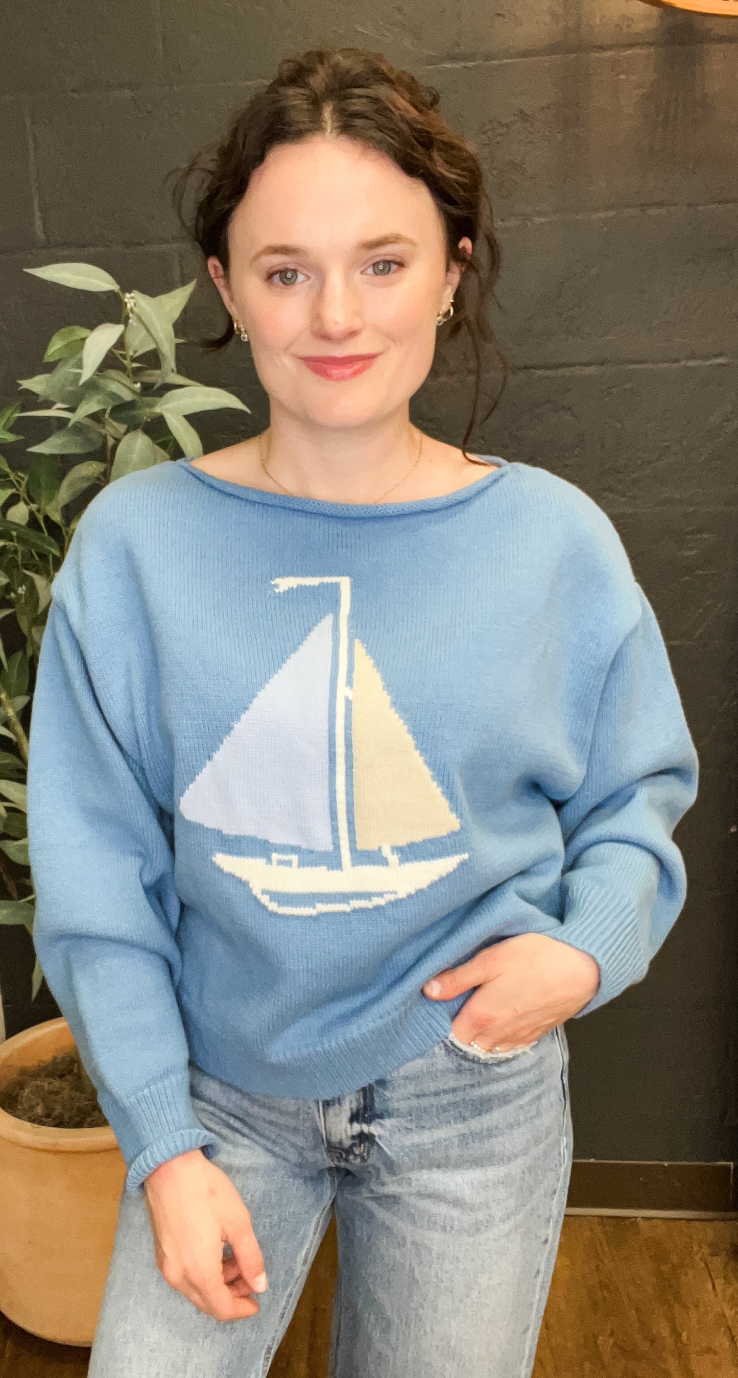 Sail Away Boat Motif Sweater