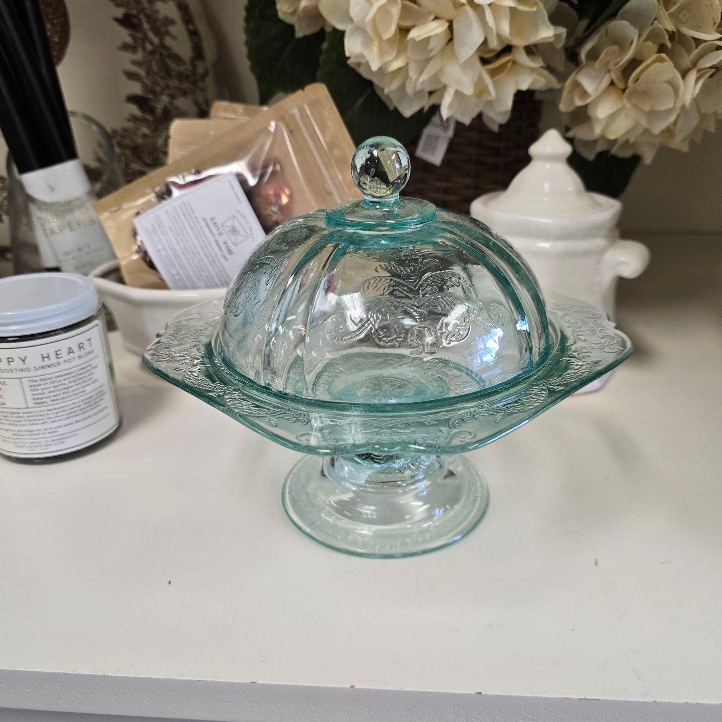 Vintage Indiana Glass Teal Madrid Pedestal Butter Dish