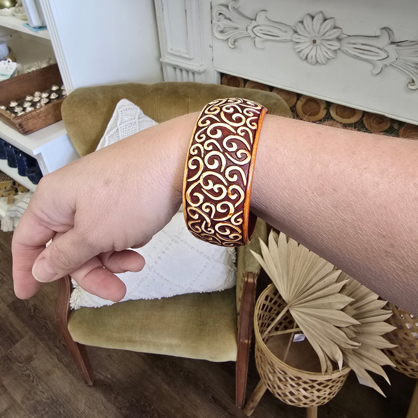 Vintage Faux Wood Bangle with Carved Design