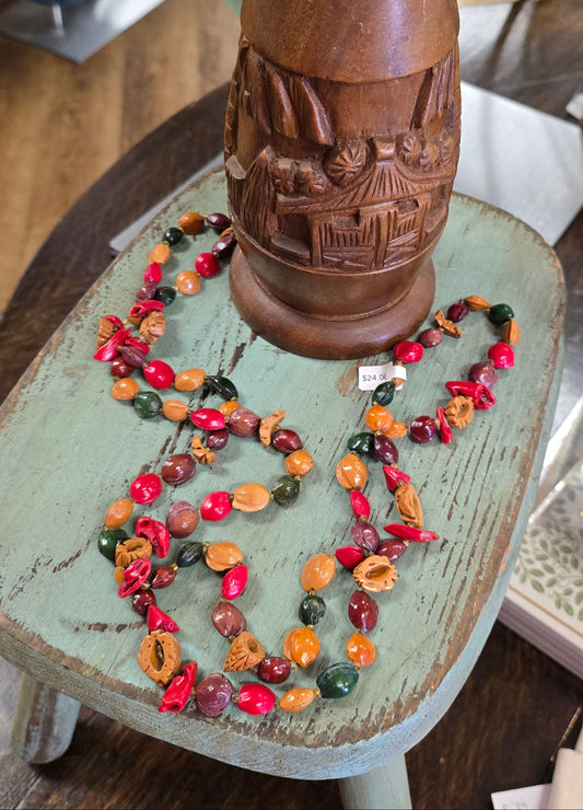 Vintage Colorful Boho Seed/Nut Necklace 48"