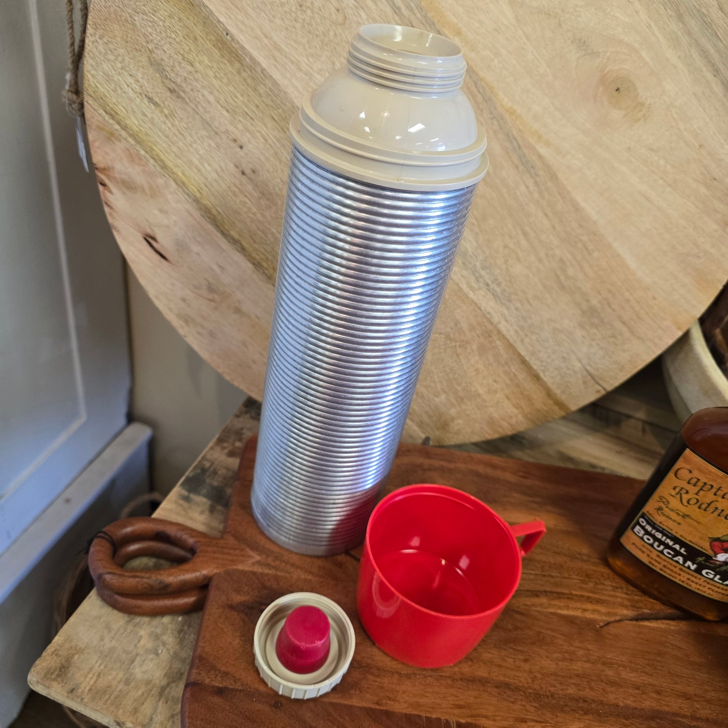 Tall Vintage Thermos with Red Cap