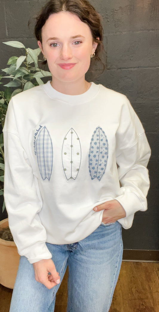 Crew Neck White Sweatshirt with Patchwork Surfboard Applique