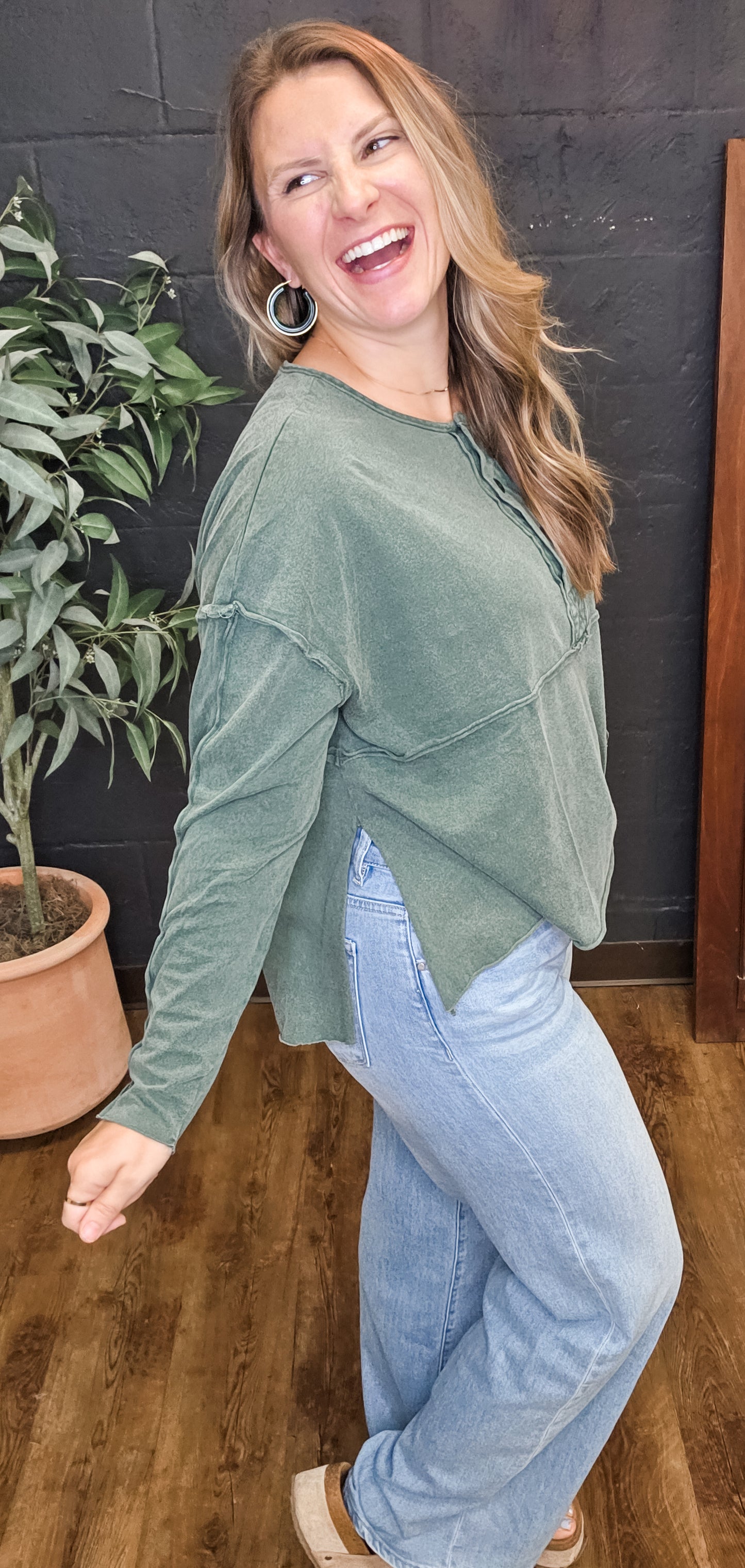 Over the Hill Oversized Henley with Raw Edge Available in Multi Colors (Small to Large)