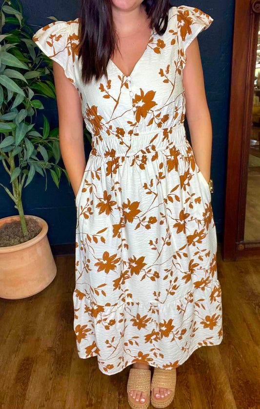 Fall Florals V Neck Button Down Midi Dress (Small to XL)