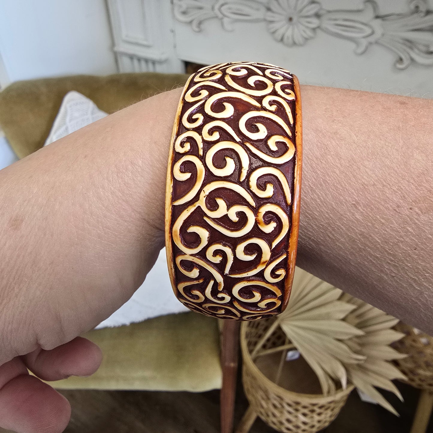 Vintage Faux Wood Bangle with Carved Design