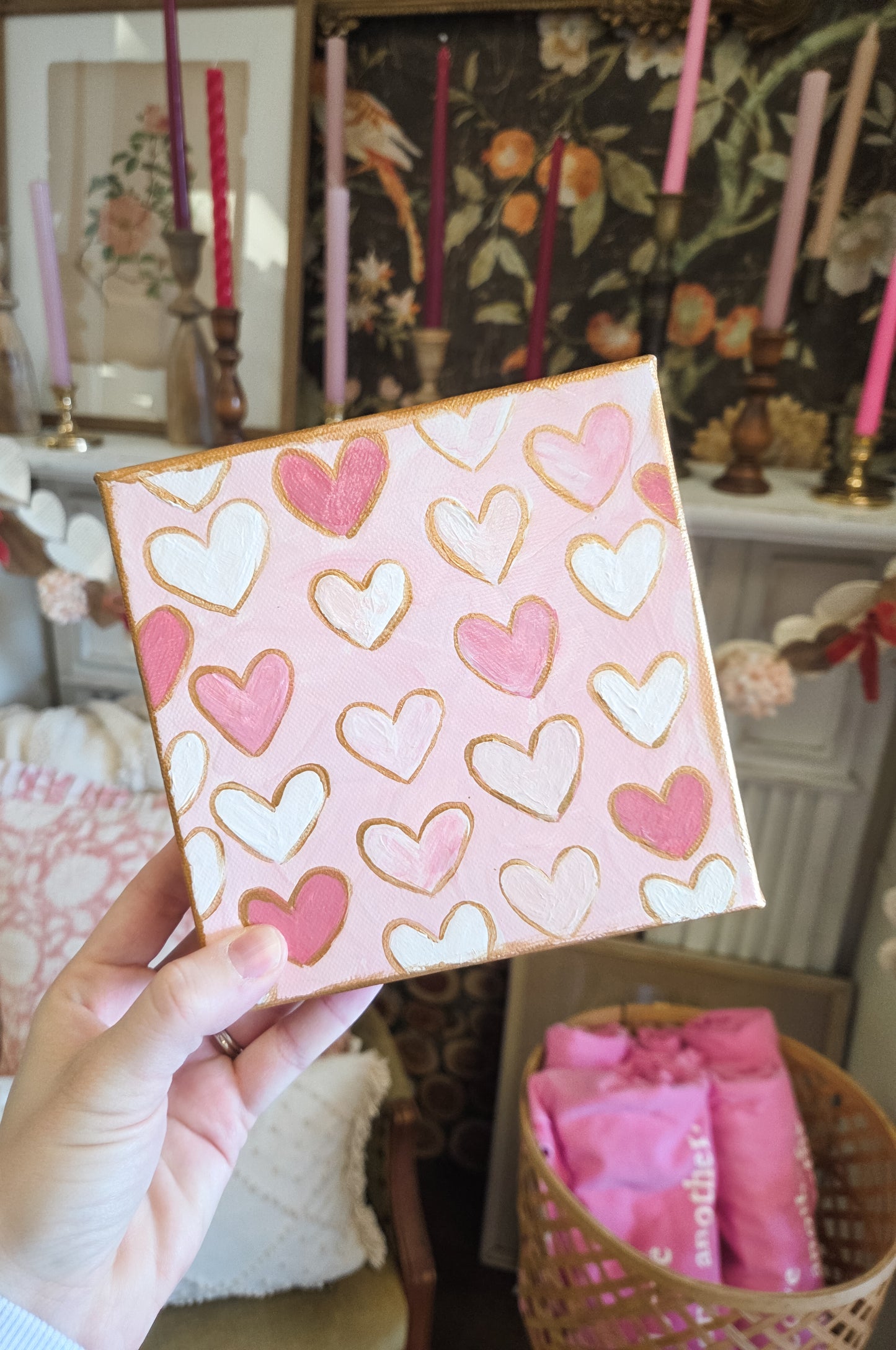 Mulit Hearts Pink and White canvas Gold Trim