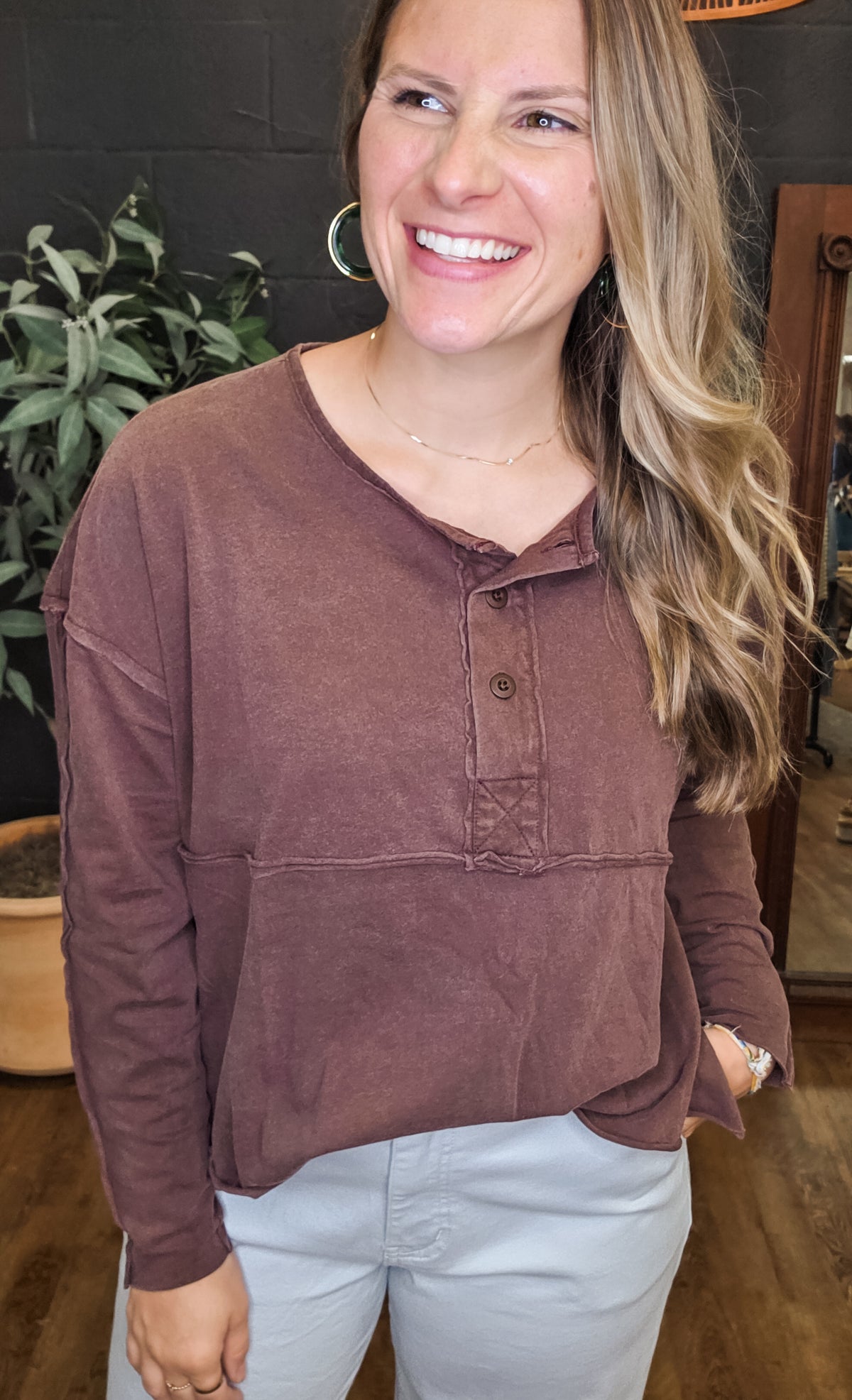 Over the Hill Oversized Henley with Raw Edge Available in Multi Colors (Small to Large)