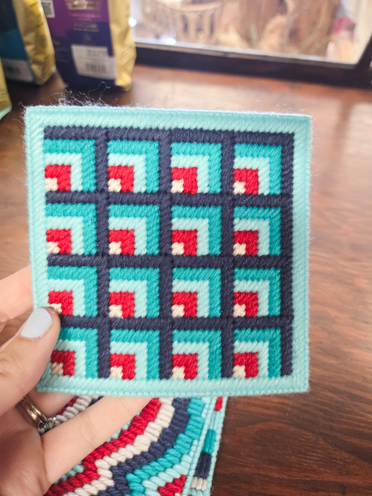 Handmade Bargello Coaster Set of 4 (Blue/Red)