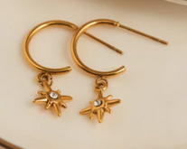 Waterproof Starburst Charm C Hoop Earrings (Gold)
