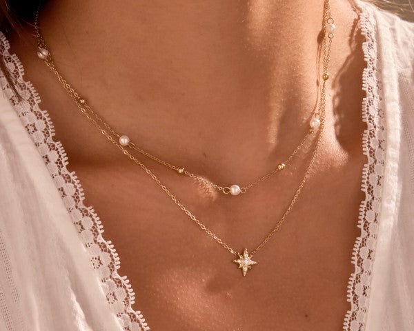 Pearl Layered with Star 18k Gold Plated Necklace