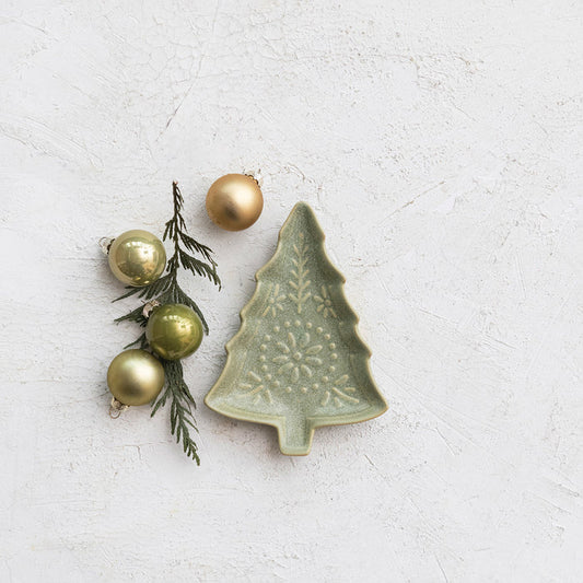 Stoneware Tree Shaped Plate, Matte Green Reactive Glaze