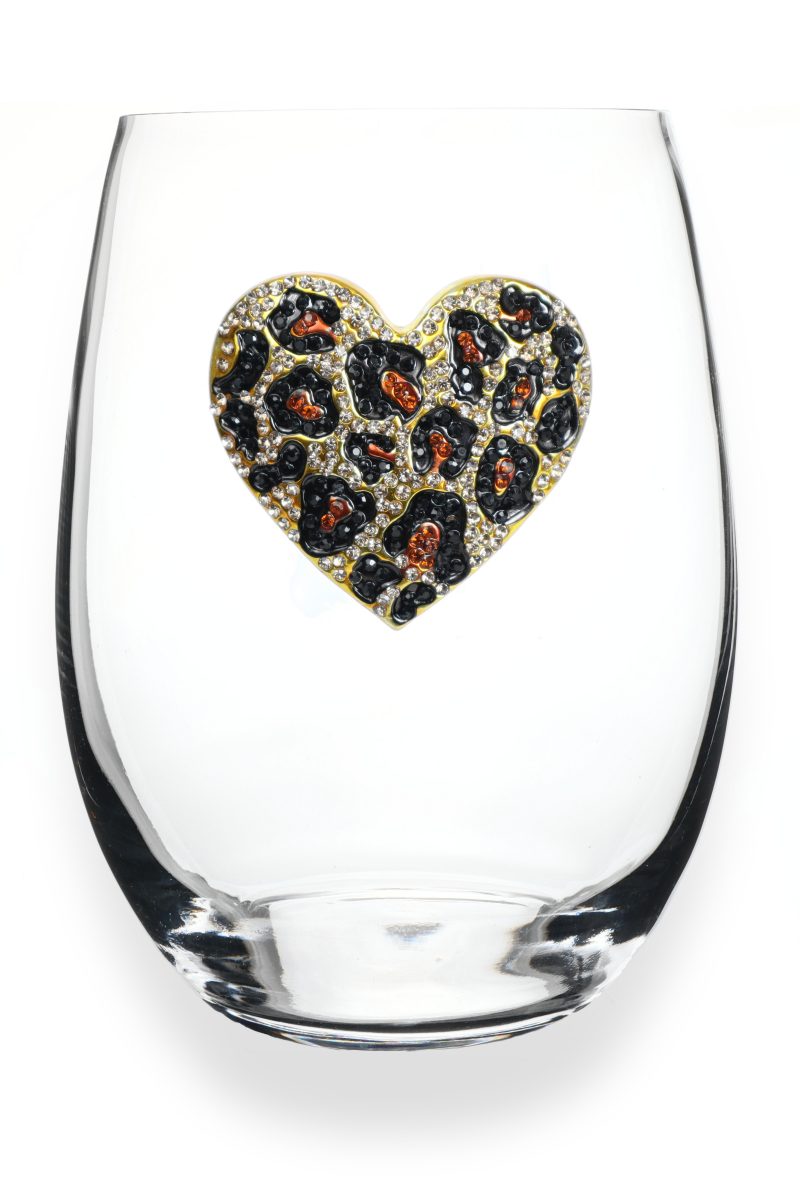 The Queen's Jewels Leopard Heart Jeweled Stemless Wine Glass
