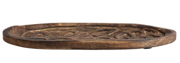 Decorative Hand-Carved Mango Wood Tray w/ Flower, Burnt Finish