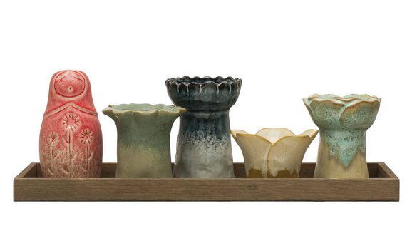 Heirloom Collection Stoneware Vases/Votive Holders w/ Wood Tray, Reactive Glaze, Set of 6