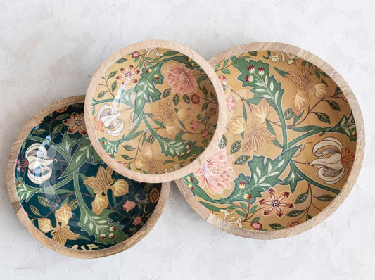 Decorative Enameled Mango Wood Bowl with Floral Design