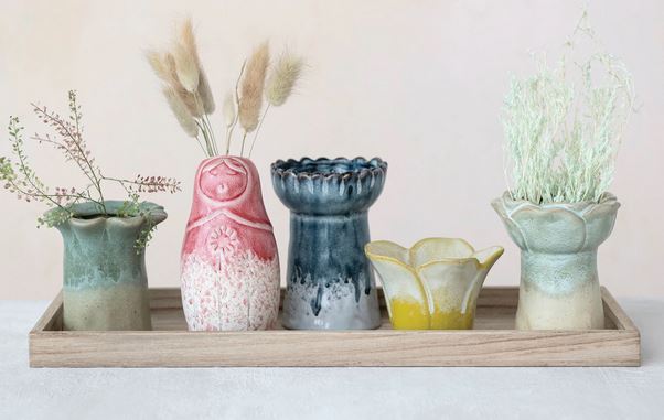 Heirloom Collection Stoneware Vases/Votive Holders w/ Wood Tray, Reactive Glaze, Set of 6