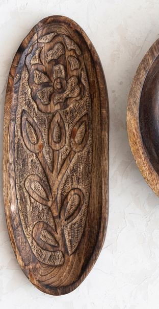 Decorative Hand-Carved Mango Wood Tray w/ Flower, Burnt Finish