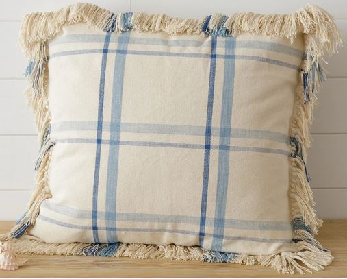 22" Blue Plaid Pillow with Fringe