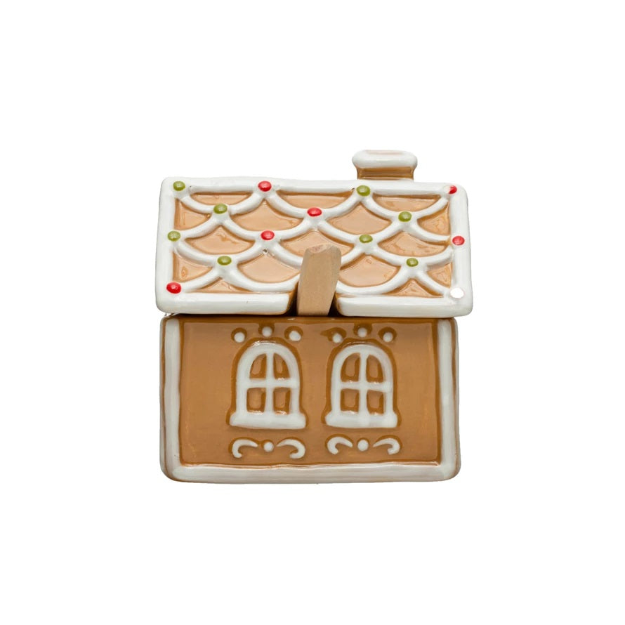 Ceramic Gingerbread House Sugar Pot w/ Wood Spoon