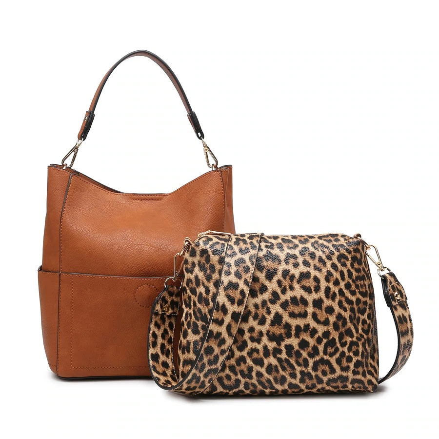 Light Brown Abby Bucket Bag with Leopard Insert