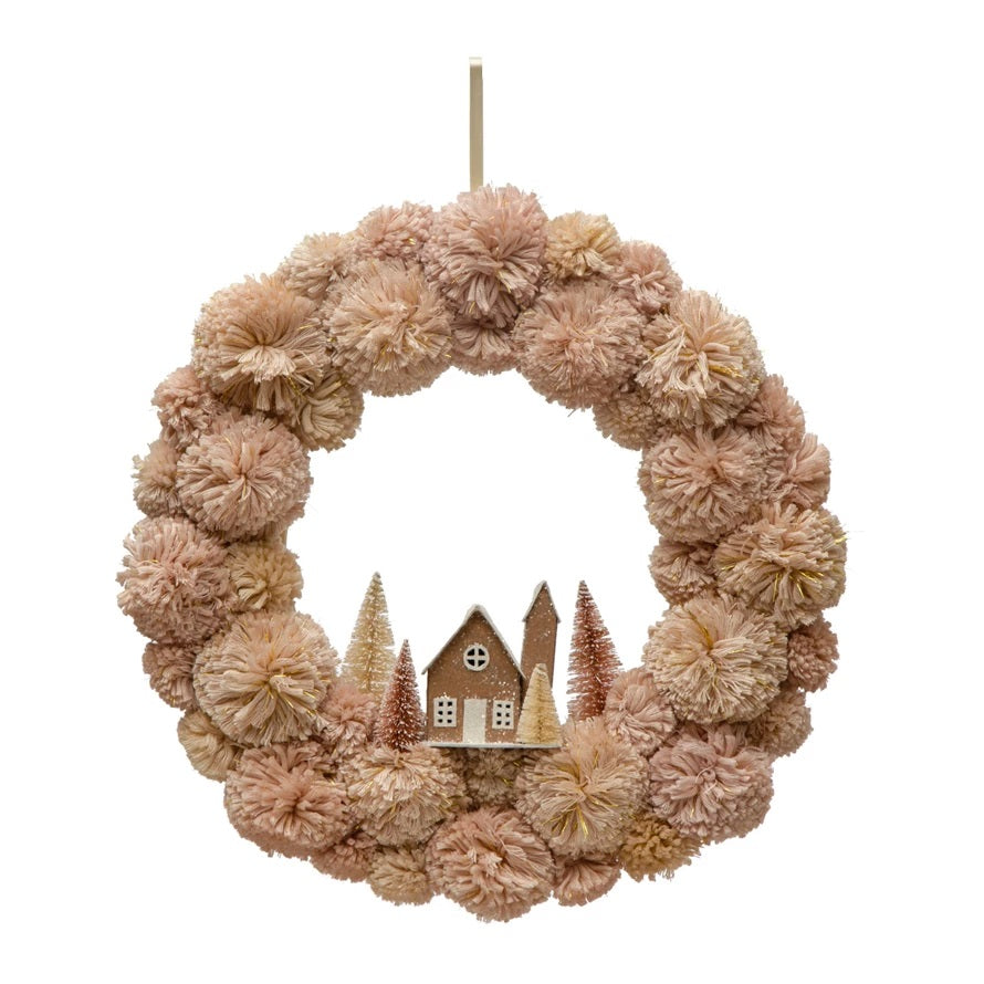Pom Pom Wreath with Bottle Brush Trees & Paper House