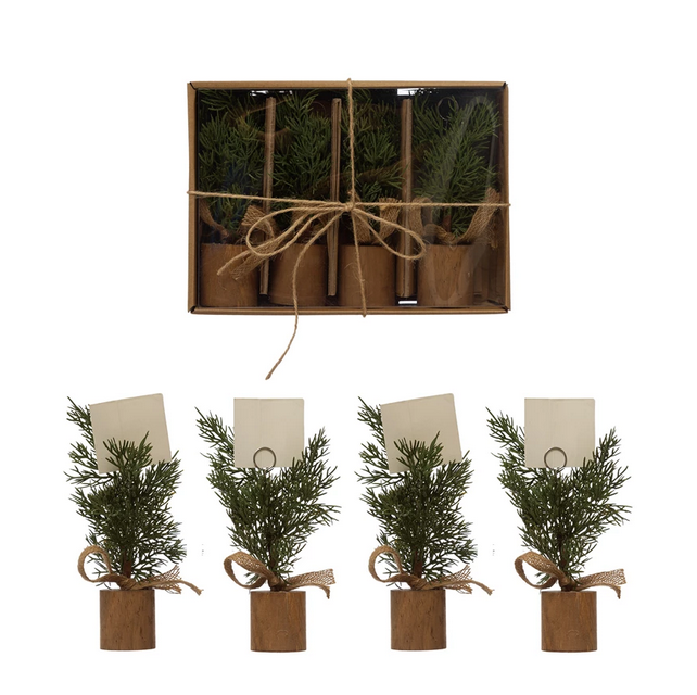 6"H Faux Pine Tree Place Card/Photo Holders with Wood Bases