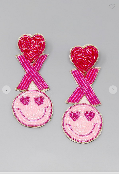 Pink XO Valentine's Smiley Face Seed Bead Earrings