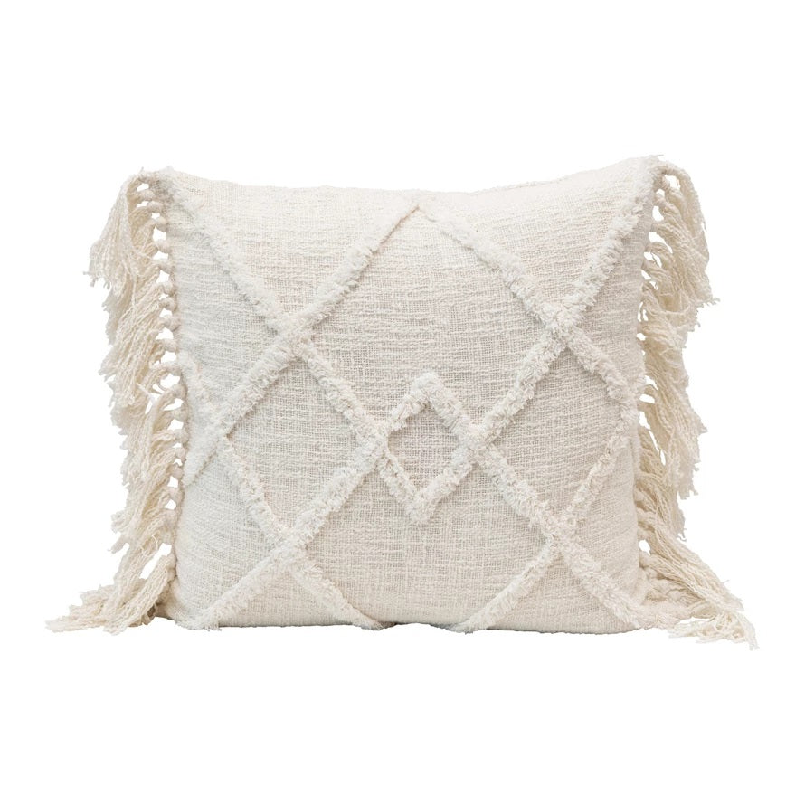 White Tuffed Cotton Pillow with Trim