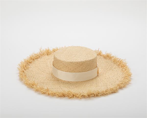 Flat Brim And Top Straw Hat With Ivory Ribbon