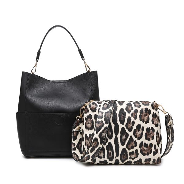 Black Abby Bucket Bag with Snow Leopard Insert